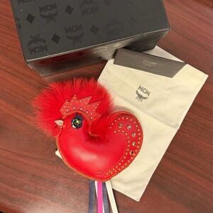 RARE LIMITED EDITION !MCM Red Leather Rooster Charm with Fur and Crystal Accents